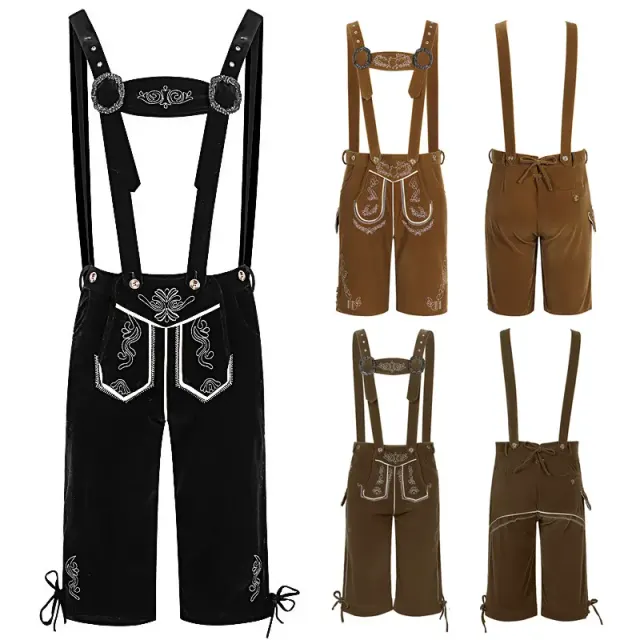 Pantalón con tirantes de Oktoberfest de estilo bávaro para hombre, mostrado para un disfraz de fiesta en escenario.