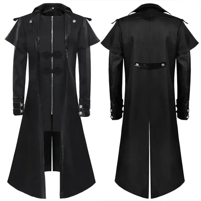 Unisex mid-length punk tailcoat costume with medieval-inspired styling for theatrical stage performances.