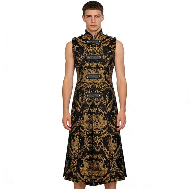 Gilet long sans manches noir gothique punk pour homme avec col montant, présenté comme costume de scène Halloween.