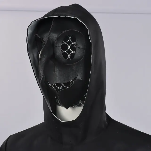 Schwarzes Herren-Cosplay-Jackenset mit Kapuze und Krähenmaske für Halloween Detail 1