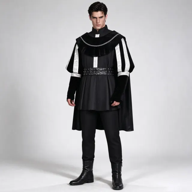 Schwarzes Tudor-Renaissance-Prinz-Kostüm für Herren mit Umhang, bedrucktem ärmellosem Oberteil und langer Hose.