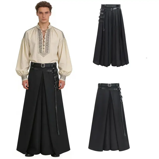 Pantalón falda plisado cosplay gótico ciber steampunk para hombre con estilo oscuro inspirado en el samurái japonés.