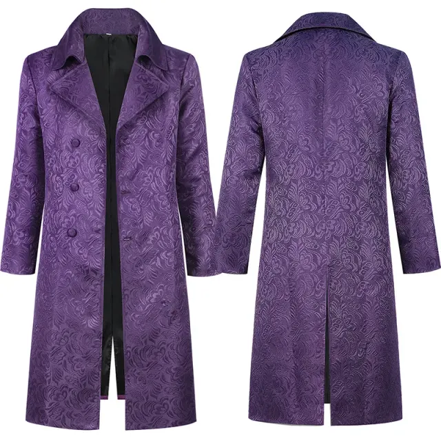 Herren langer Dark-Knight-Clown-Cosplay-Blazer mit Vintage-Revers und bedrucktem Jacquard-Stoff, abgebildet in der erhältlichen Sonderangebots-Option Clown-Jacke.