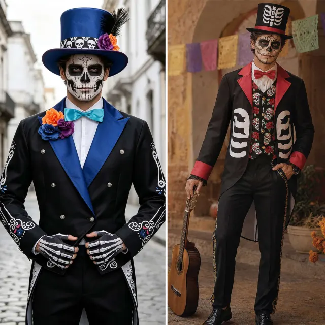 Costume de cosplay de clown squelette du Jour des Morts pour homme avec haut pull à manches longues, pantalon long et détails imprimés.