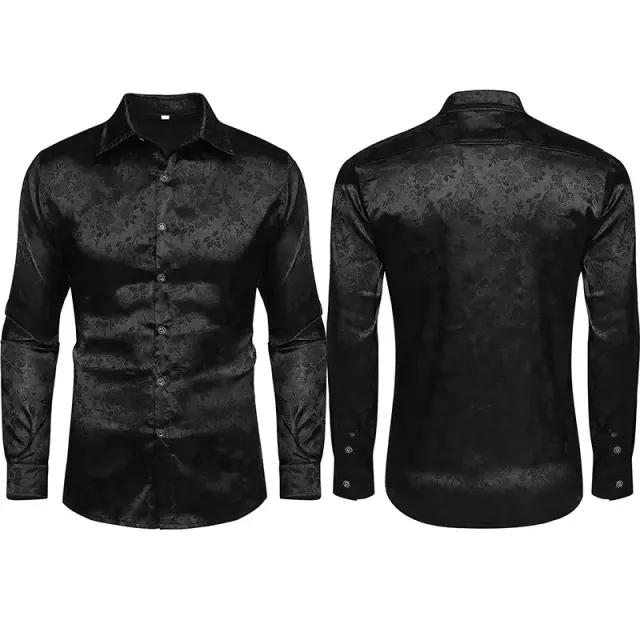Langärmeliges Button-Down-Hemd mit Rosenmuster-Jacquard und satinartiger Optik, abgebildet in der Option 24919 Rosenmuster-Hemd.
