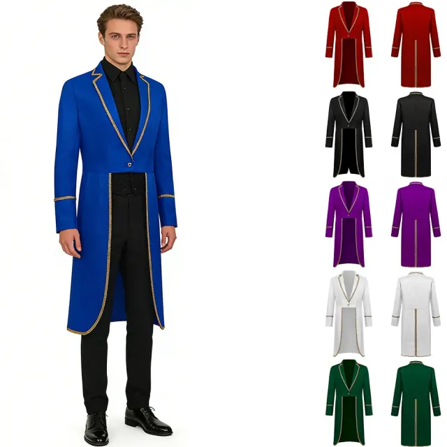 Veste queue-de-pie longue à liseré doré pour homme, pour cosplay de prince médiéval et costumes de scène.