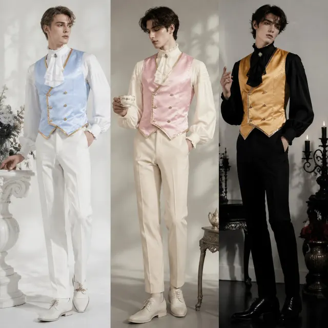 男士金边维多利亚蒸汽朋克马甲，带刺绣细节，专为万圣节 Cosplay 设计。