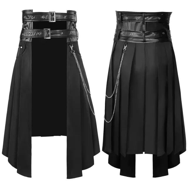 Dunkler asymmetrischer Gothic-Faltenrock für Herren, gestaltet für Cosplay und Bühnenauftritte.