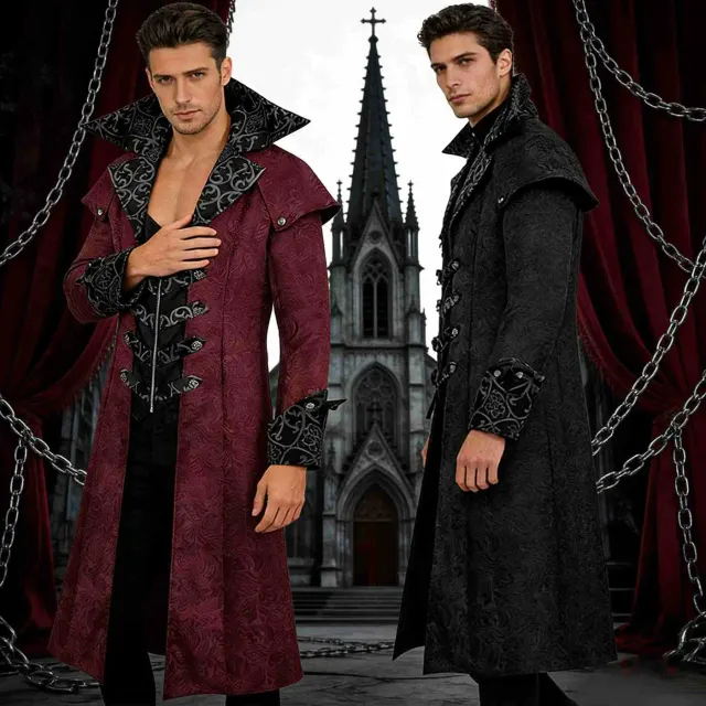 Veste-manteau de cosplay gothique de style médiéval pour homme avec détails imprimés pour Halloween et les costumes.