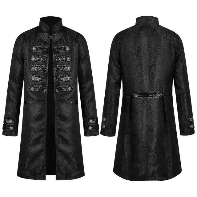 Ein schwarzer Gothic-Mittelalter-Gentleman-Cosplay-Anzug für Herren mit ärmellosem Hemd und langer Hose.
