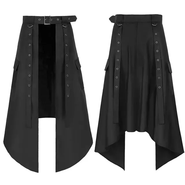 Falda media asimétrica negra de estilo gótico punk con cinturón para hombre, mostrada como un disfraz de escenario oscuro.