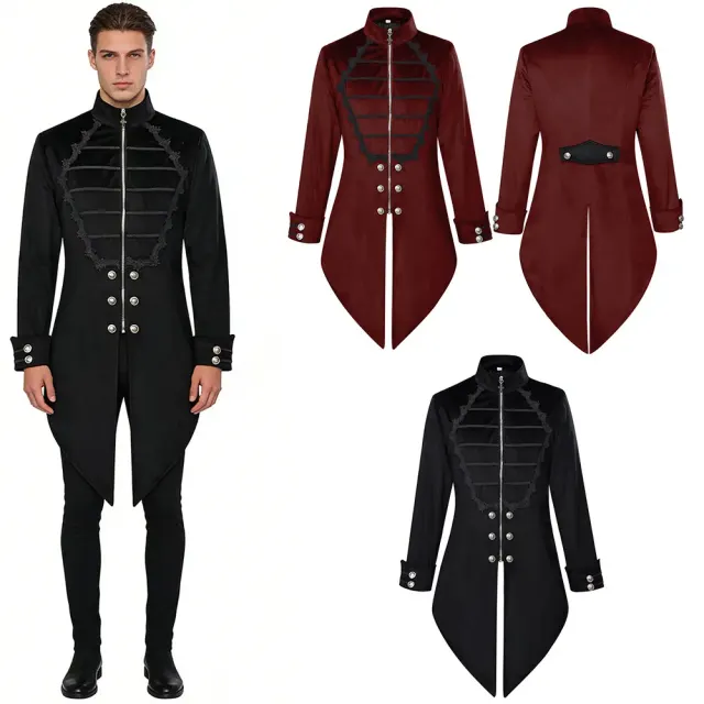 Men's black Gothic stand-collar tailcoat with dark pattern print, designed for Halloween vampire cosplay.