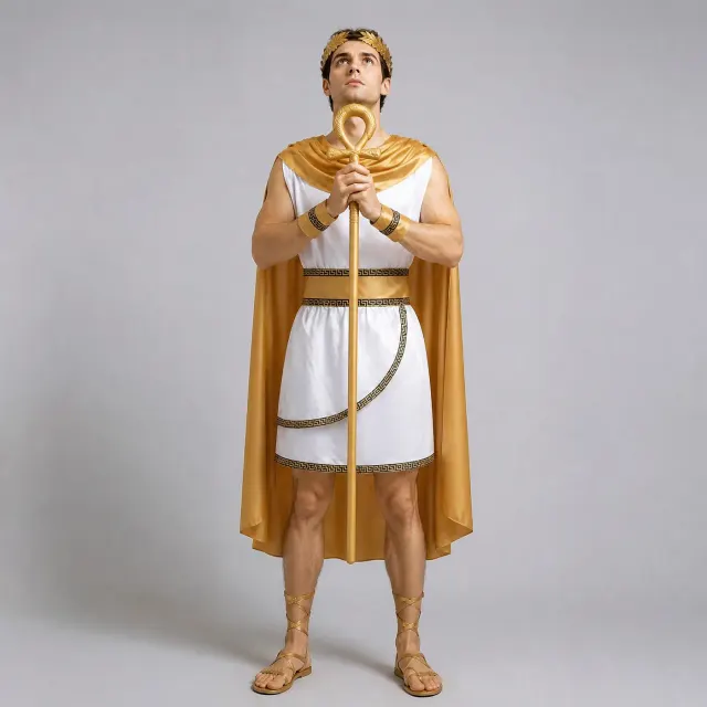 Herren-Kostüm als griechisch-römischer Zeus-König mit ärmellosem bedrucktem Oberteil und langer Hose, gezeigt in der vorrätigen Ausführung des griechischen Kostüms.