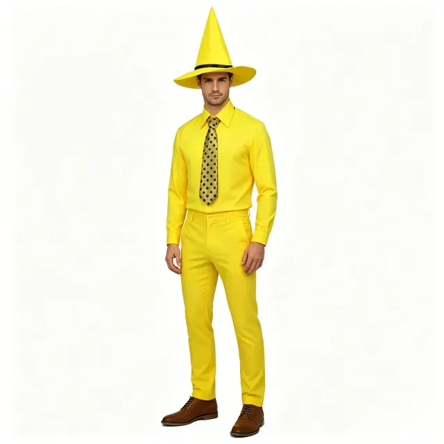 Ensemble costume de clown jaune d'Halloween pour homme comprenant une chemise à manches longues, une cravate à pois, un chapeau jaune et un pantalon long.