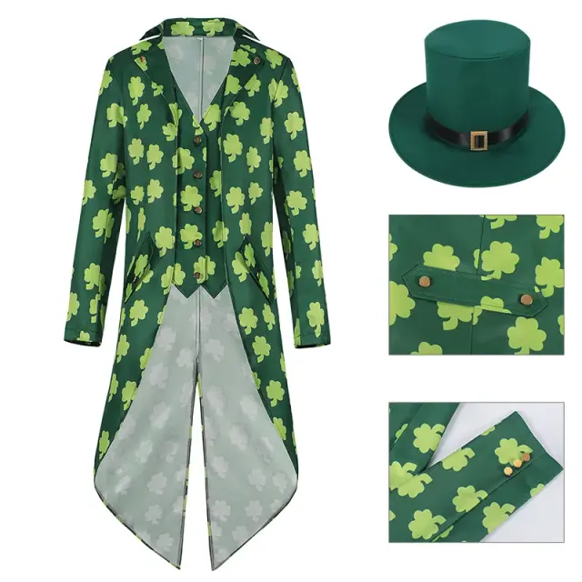 Irisches Kleeblatt-Frack-Kostümset für Herren mit langärmeliger Jacke und passender langer Hose.