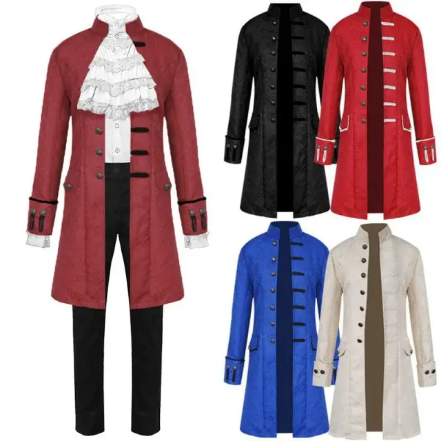 Men's black jacquard medieval-style long-sleeve cosplay costume set with a stand collar.