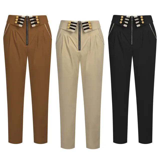 A pair of beige medieval Baroque cosplay pants with gold buttons, a high waist, and a straight-leg silhouette.