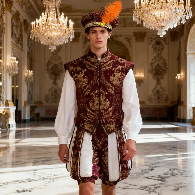 Haut-de-forme de cour à plume de style médiéval pour homme, présenté comme couvre-chef de costume cosplay vintage.