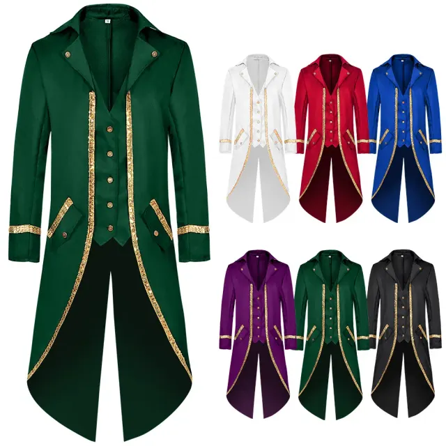 Queue-de-pie mi-longue noire à bordure dorée pour homme, au design d'inspiration médiévale pour le cosplay Halloween.
