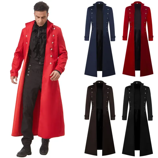 Men's long brown medieval Gothic trench coat with a double-layer fully lined slim-fit design for Halloween cosplay.