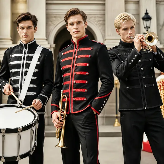 Conjunto de disfraz steampunk gótico medieval para hombre en color negro, de estilo tambor militar, con parte superior sin mangas estampada y pantalón largo.