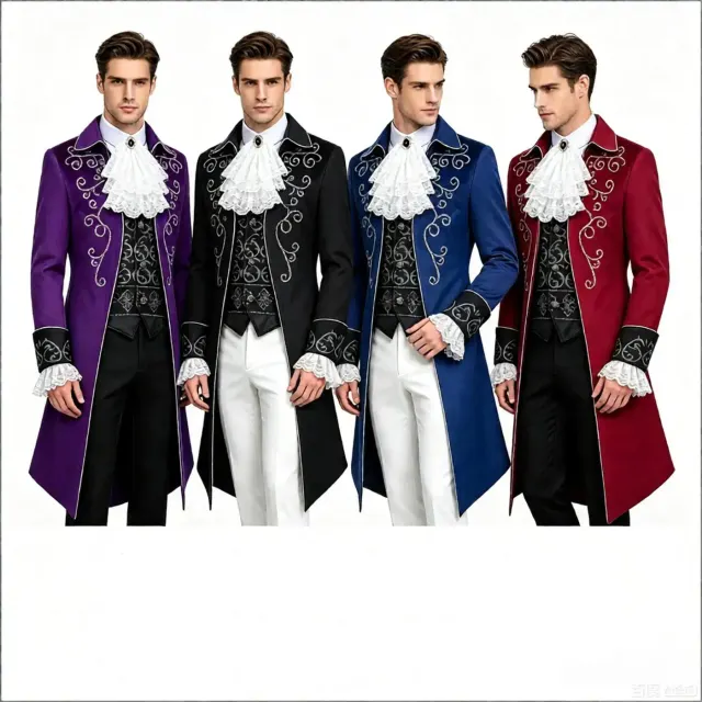 Disfraz de frac de corte medieval para hombre en color negro con ribete plateado, bordado gótico, cuello postizo, pantalón y accesorio de muñeca.