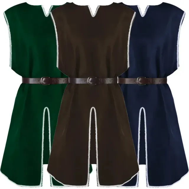 Túnica medieval negra para hombre que se pone por la cabeza, con cuello redondo y silueta larga y holgada, disponible con o sin cinturón.