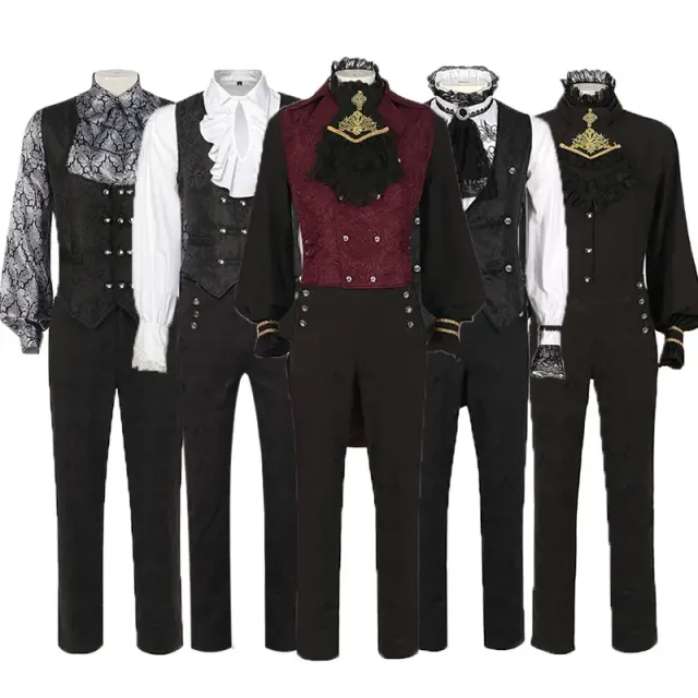 Mittelalterliches Jacquard-Cosplay-Kostüm-Set für Herren mit langärmligem Oberteil und langer Hose.