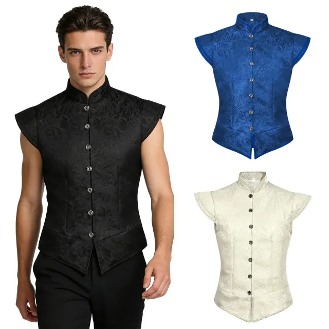 Men's black medieval-style jacquard vest with a short sleeveless cut for Halloween cosplay and stage costume looks.