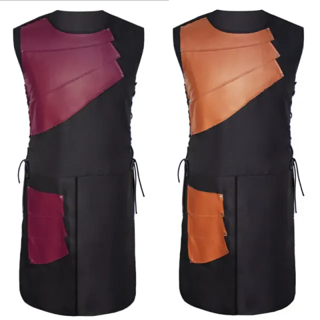 Mittelalterliches Ritter-Cosplay-Kostüm für Herren mit ärmelloser Lederweste, seitlicher Schnürung und rundem Ausschnitt für Halloween und Bühnenauftritte.