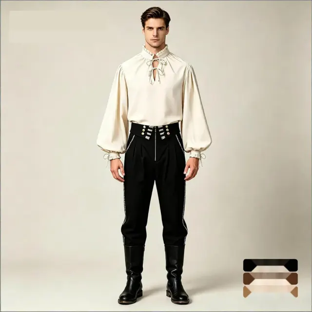 Mittelalterliches Cosplay-Hemd für Herren mit Schnürung, Puffärmeln und Druckdetails.