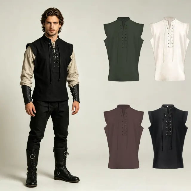 Chaleco medieval con cordones para hombre en verde, diseñado para disfraces de Halloween y de escenario de fantasía.