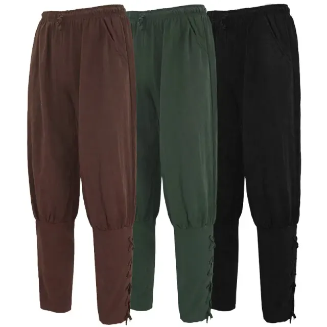 Une paire de pantalons de cosplay pirate de style médiéval à séchage rapide pour homme avec poches, en vert.