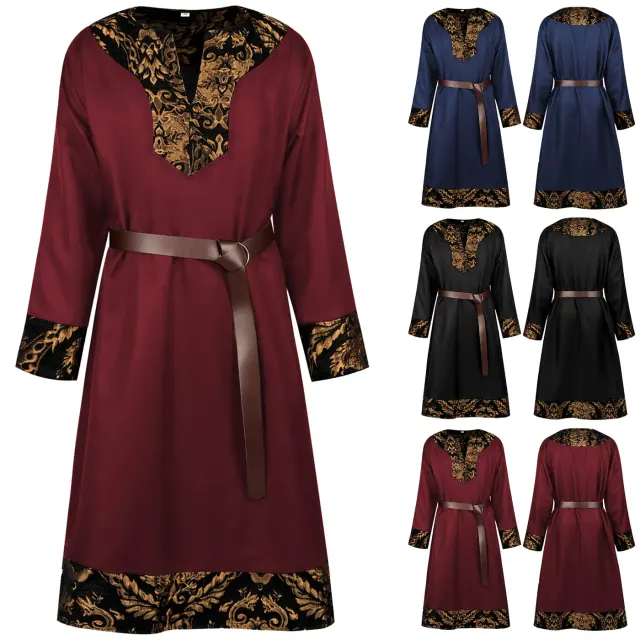 Men's black medieval pirate knight costume jacket with long sleeves, lace-up waist, color-blocked details, and included belt.