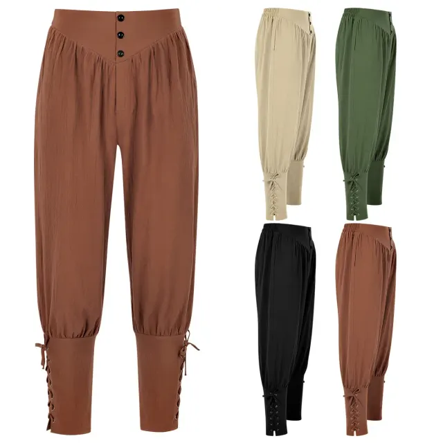 Pantalones de pirata medieval con cordones para hombre en rojo vino, mostrados de cuerpo entero para disfraces de cosplay y teatro.