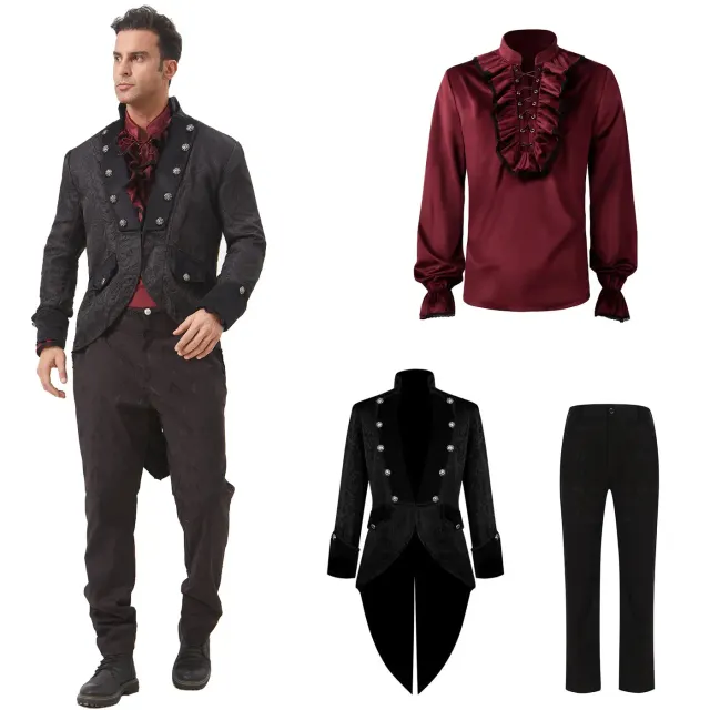 Frac de cosplay punk medieval para hombre con mangas largas, estilo jacquard estampado y un look de longitud media.