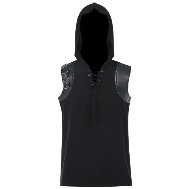 Gilet médiéval punk sans manches à capuche et lacé pour homme détail 1
