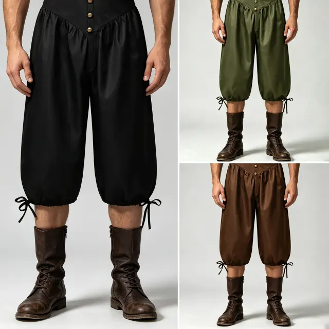 Vista frontal de pantalones pirata medievales negros para hombre con cordones en la parte delantera y perneras amplias estilo farol.