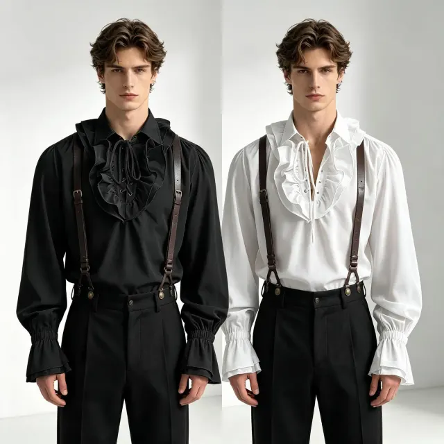 Chemise de cour médiévale blanche à manches longues pour homme avec col à volants et devant à lacets pour le cosplay Halloween.
