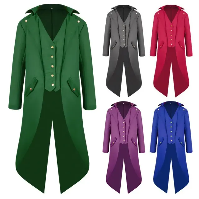 Mittelalterliches Frack-Cosplay-Kostüm für Herren mit langen Ärmeln und bedruckten Details, in mehreren Farben erhältlich.