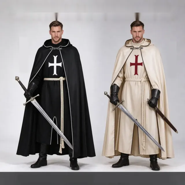 Men's medieval Templar cross cloak shown for adult cosplay and stage performance.