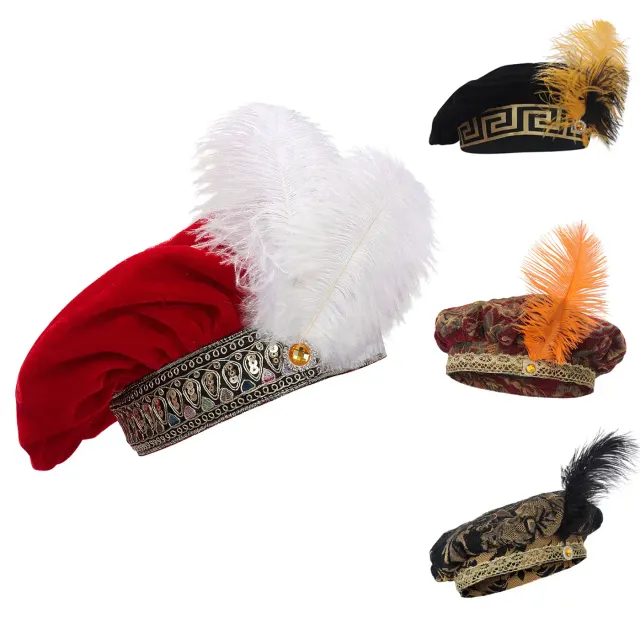 Un chapeau Tudor médiéval rouge pour homme avec un accent en plume, conçu comme couvre-chef cosplay Renaissance.