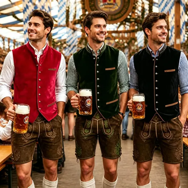 Schwarze Herren-Samtweste im bayerischen Oktoberfest-Stil mit Stehkragen und Druckdetails.