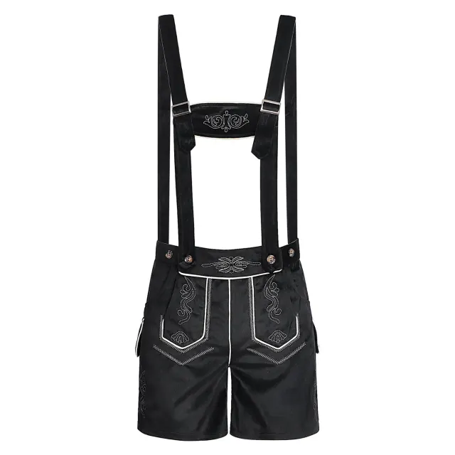 Conjunto de disfraz bávaro de Oktoberfest para hombre con parte superior estampada y pantalón largo con tirantes de estilo vintage.