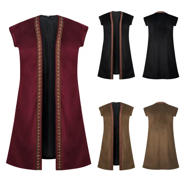 Gilet pirate long pour homme, ouvert devant, avec détails brodés de style médiéval, présenté en noir.