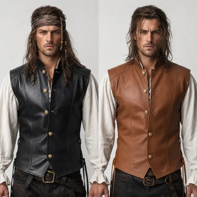 Kurze Piratenweste für Herren in Braun, gestaltet für Halloween- und Renaissance-Cosplay-Kostüme.
