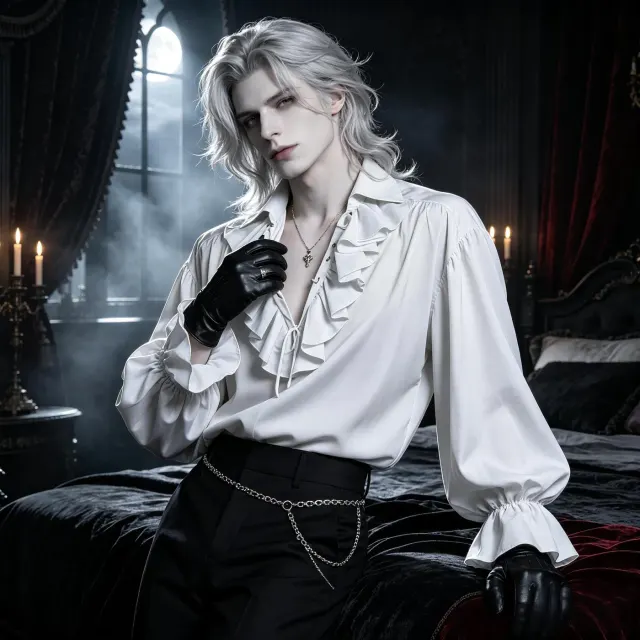 Camisa de corte renacentista para hombre con cuello de volantes y mangas largas, estilo cosplay de vampiro y actuaciones escénicas.