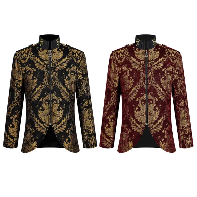 Chaqueta de corte de estilo Renacimiento para hombre con cuello alto y detalles estampados, diseñada para cosplay y actuaciones de escenario.