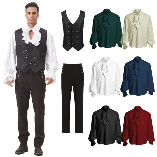 Herren-Steampunk-Renaissance-Kostüm-Set mit Langarmhemd, dreireihiger Knopfweste und Jacquard-Hose.