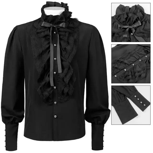 Black men's ruffled stage shirt in polyester jacquard, shown as a steampunk or Victorian costume top.